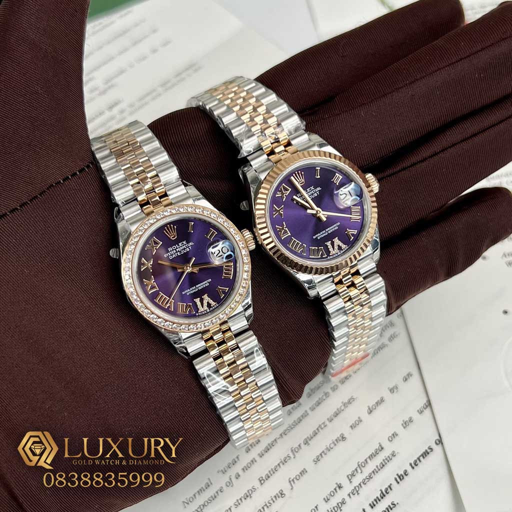 Đồng hồ nữ Rolex Datejust Demi Rose Gold mặt tím với viền đá, thể hiện sự tinh xảo trong các thiết kế đồng hồ Rolex giá cao nhất.