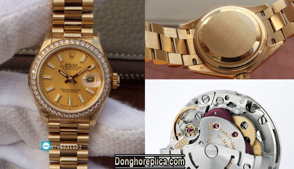 Mặt sau và bộ máy cơ học tinh vi bên trong đồng hồ nữ Rolex dây mạ vàng