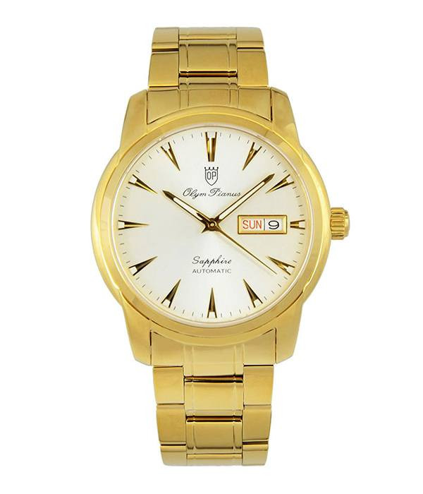 Đồng hồ OP Olym Pianus Sapphire OP990-05AMK-T tông vàng kim sang trọng, kết hợp lịch ngày và thứ.