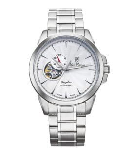 Mẫu đồng hồ OP Olym Pianus Sapphire OP990-083AMS-T mặt trắng, dây inox, lộ máy Skeleton độc đáo.