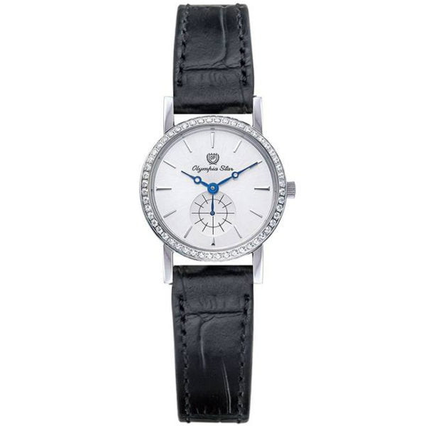 Đồng hồ Olympia Star nữ dây da OPA58082DLS_GL trắng, nổi bật với mặt số họa tiết và kim xanh mắt cáo.