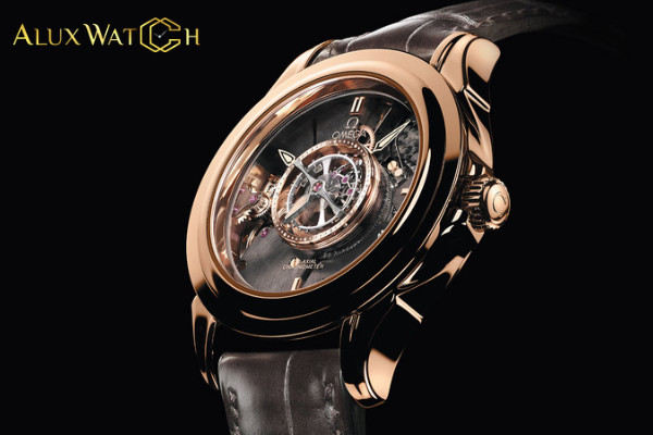 Đồng hồ cơ lộ máy Omega Red gold on leather strap với mặt số động cơ lộ tuyệt đẹp