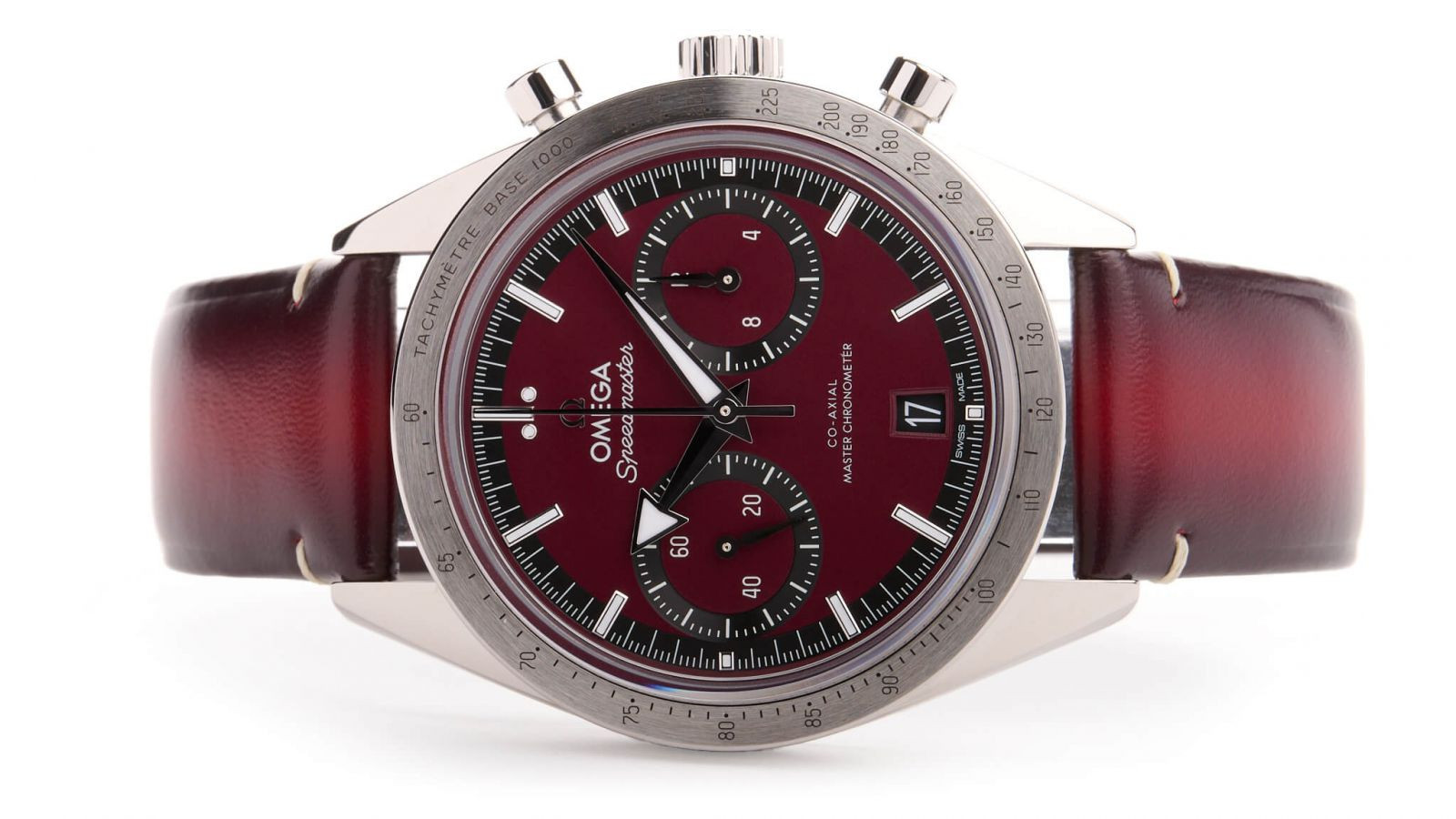 Đồng hồ Omega nam dây da Speedmaster '57 mặt đỏ tía