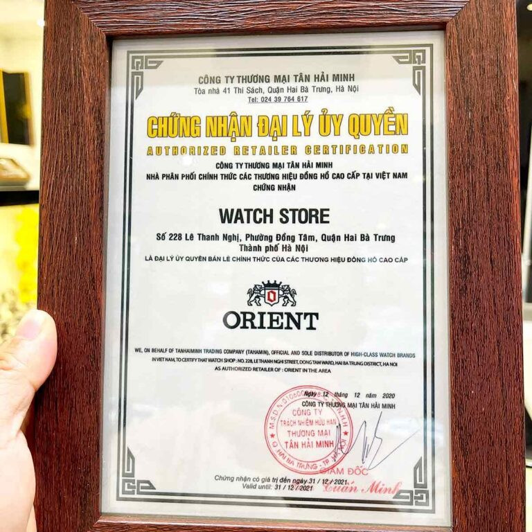 Giấy chứng nhận đại lý ủy quyền đồng hồ Orient chính hãng tại WatchStore Hà Nội
