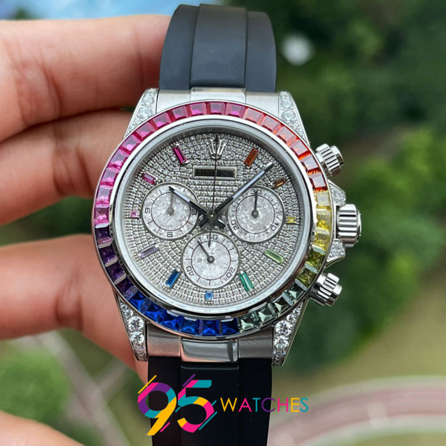 Dây cao su đồng hồ Rolex Daytona Replica 1:1 màu đen phối viền kim cương cầu vồng