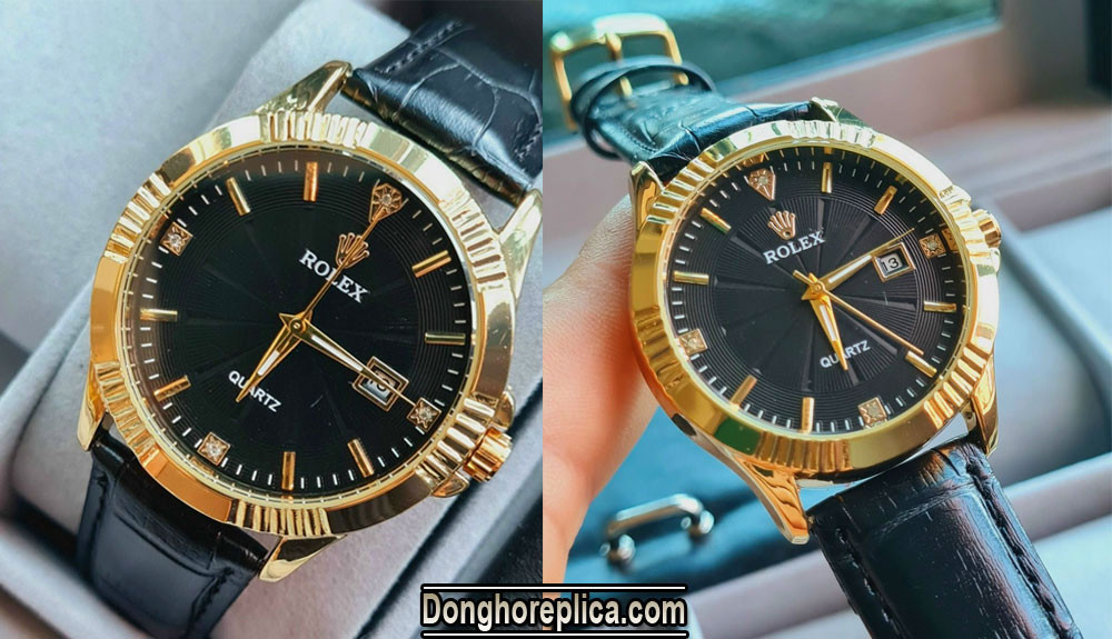 Đồng hồ Rolex quartz dây da màu đen, minh họa dòng sản phẩm sao chép