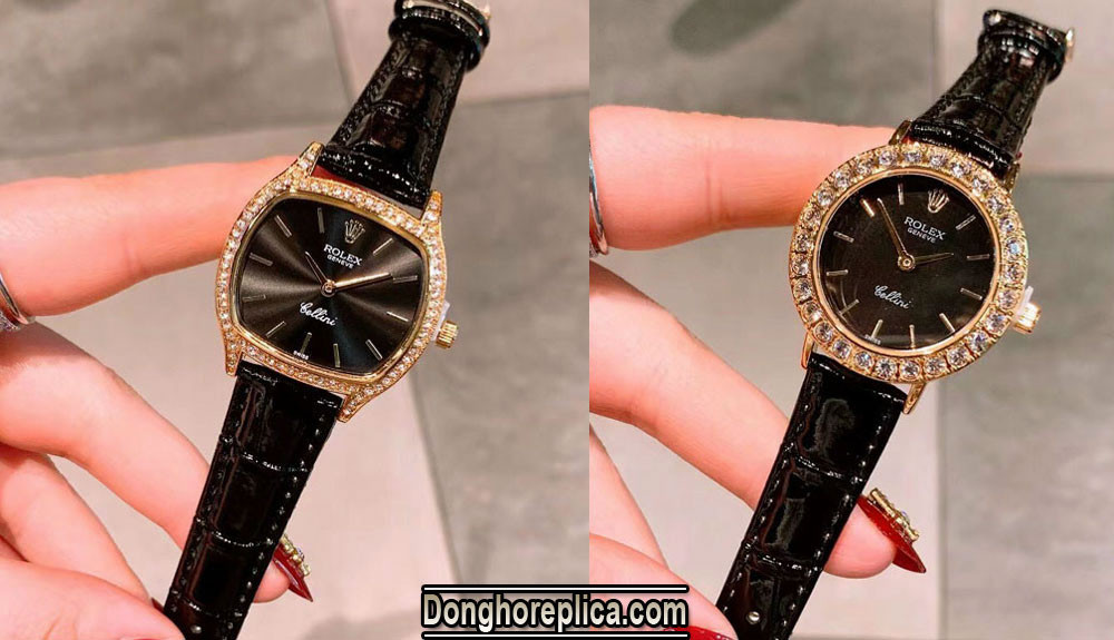 Chiếc đồng hồ Rolex quartz dây da mẫu 32 đen với vỏ thép không gỉ