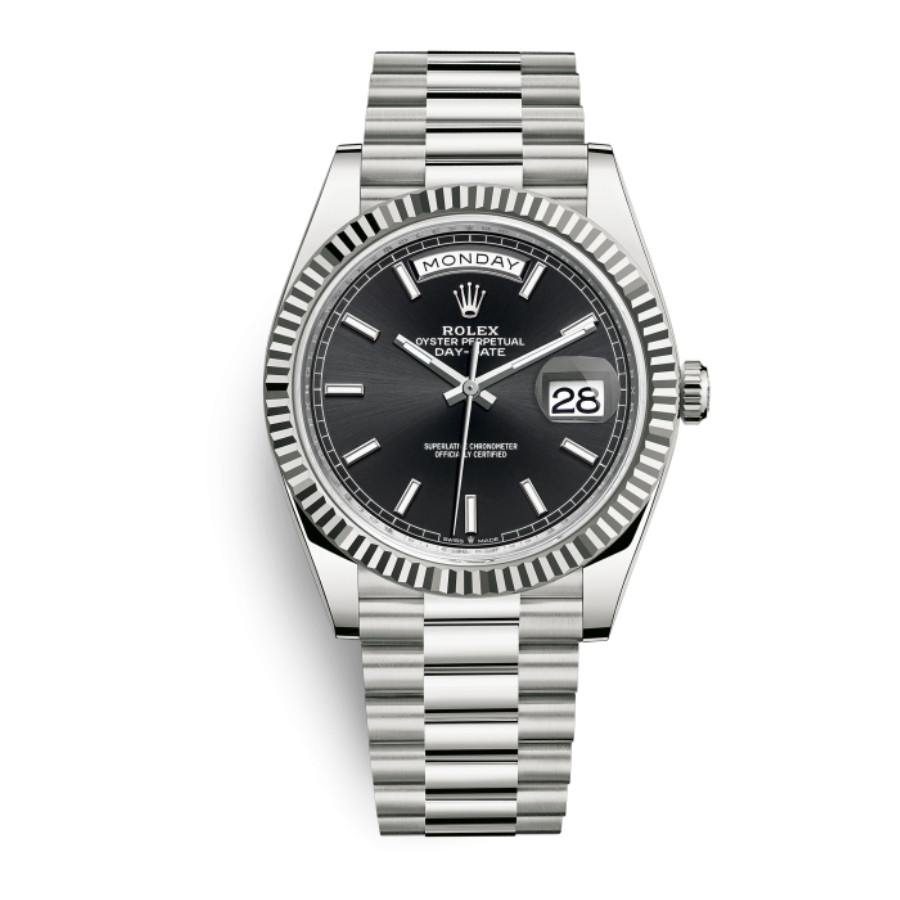 Đồng hồ Rolex Day-Date 40 mặt số đen và dây đeo President vàng trắng