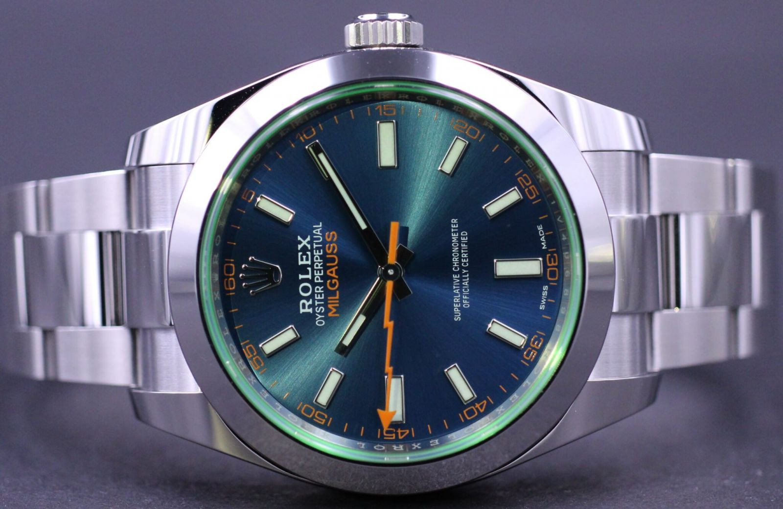 rolex milgauss kính xanh dây kim loại chống từ