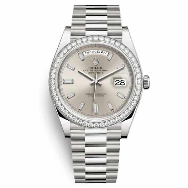 Đồng hồ Rolex nam Day-Date vàng trắng 18K với vành đính kim cương nổi bật