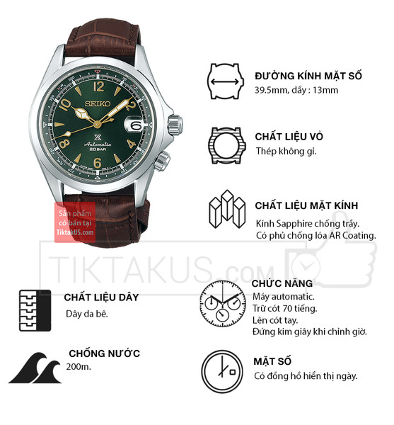 Đồng hồ Seiko nam dây da Prospex Alpinist SPB121J1 mặt xanh lá, thể hiện sự sang trọng và mạnh mẽ.