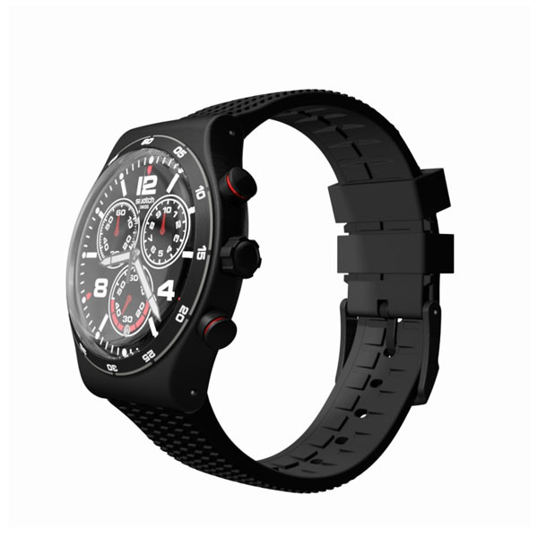 Đồng hồ Swatch 6 kim YVB404 với thiết kế hầm hố, tông đen đỏ và chức năng chronograph