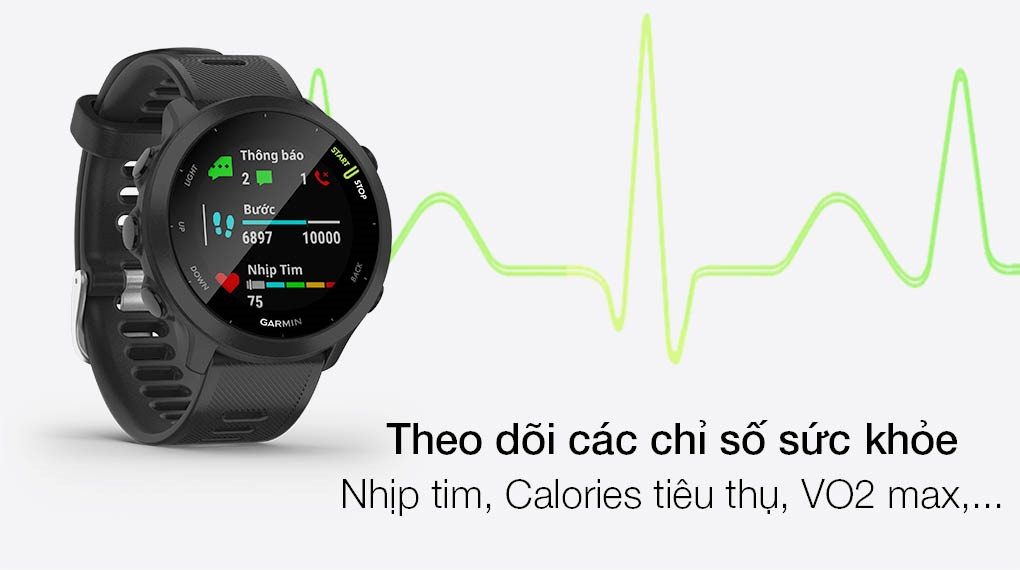 Theo dõi sức khỏe toàn diện với Garmin Forerunner 55, một tính năng quan trọng khi sử dụng đồng hồ thông minh.