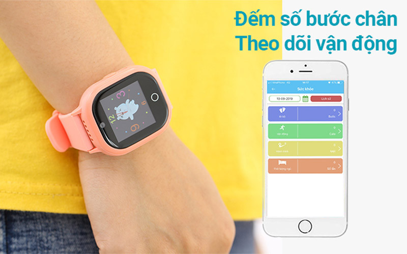 Bộ đếm bước chân trên đồng hồ thông minh KidCare, khuyến khích vận động cho trẻ.