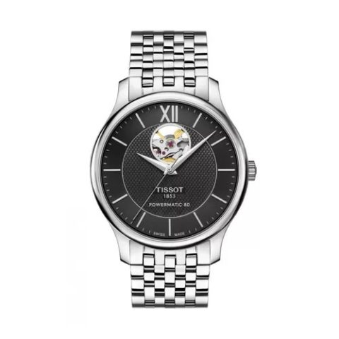 Đồng hồ Tissot 1853 nam chính hãng Tradition Powermatic 80 Open Heart, mặt đen, dây thép không gỉ.