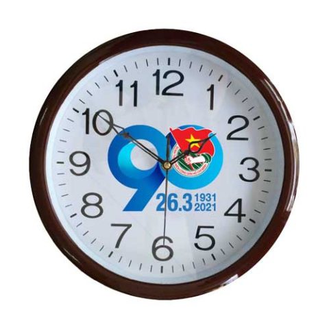 Đồng hồ treo tường màu trắng với mặt số rõ nét, phù hợp để in logo doanh nghiệp theo yêu cầu