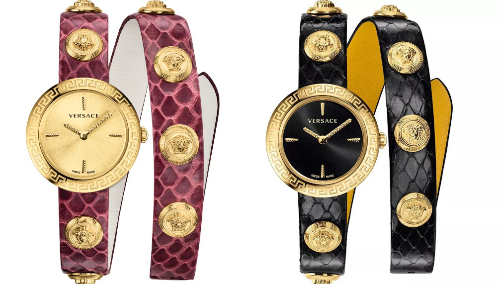 Mẫu đồng hồ Versace Medusa Stud Icon Burgundy Watch với điểm nhấn Medusa 3D và họa tiết Greca, thể hiện phong cách cá tính và khả năng chống nước 5ATM.
