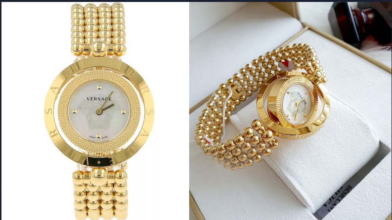 Mẫu đồng hồ Versace Eon Mother of Pearl Gold Watch, với thiết kế sang trọng và khả năng chống nước 3ATM, tôn vinh vẻ đẹp quý phái của phái nữ.