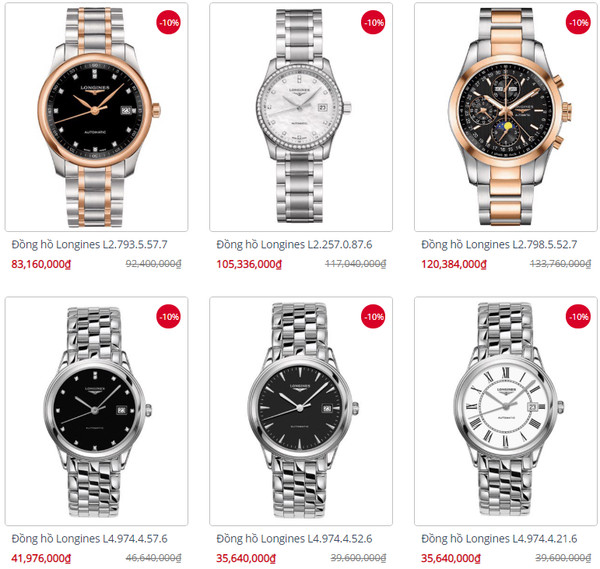 Bảng giá tham khảo một số mẫu đồng hồ cơ từ thương hiệu Longines, minh họa phân khúc cao cấp