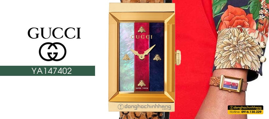 Mặt số đồng hồ Gucci nữ mặt chữ nhật YA147402 khảm trai với các chi tiết bướm ấn tượng