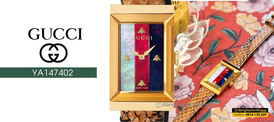 Đồng hồ Gucci nữ mặt chữ nhật YA147402 với họa tiết bướm độc đáo trên nền mặt số