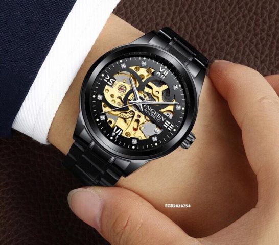 Đồng hồ cơ nam Fngeen Automatic mặt đen, thiết kế lộ máy dưới 2 triệu đồng