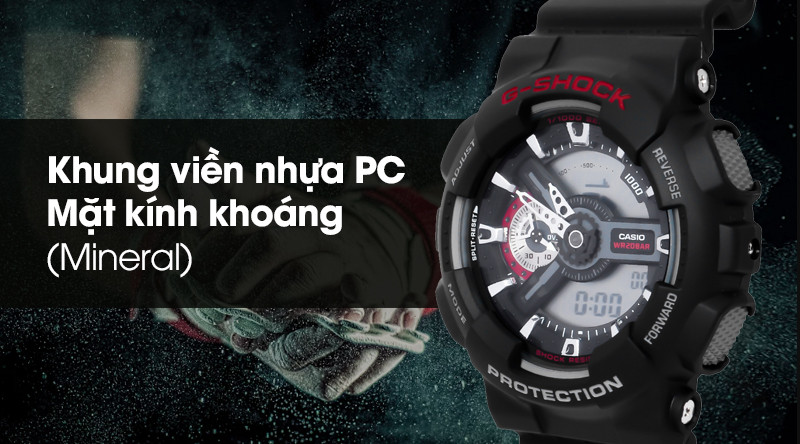 Khung viền chắc chắn và mặt kính bền bỉ của đồng hồ G-Shock GA-110