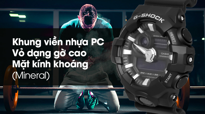 Mặt kính và vỏ ngoài cứng cáp của đồng hồ nam G-SHOCK GA-700-1BDR, thể hiện khả năng chống va đập vượt trội