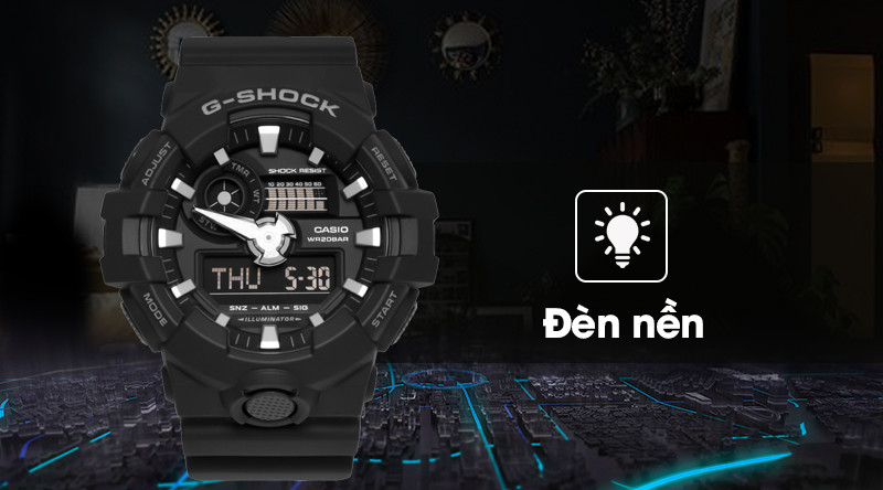 Đèn LED cực sáng của đồng hồ nam G-SHOCK GA-700-1BDR hỗ trợ xem giờ trong điều kiện thiếu sáng