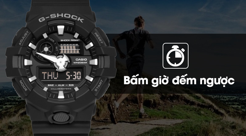 Màn hình hiển thị tính năng đếm ngược của đồng hồ nam G-SHOCK GA-700-1BDR tiện lợi cho luyện tập
