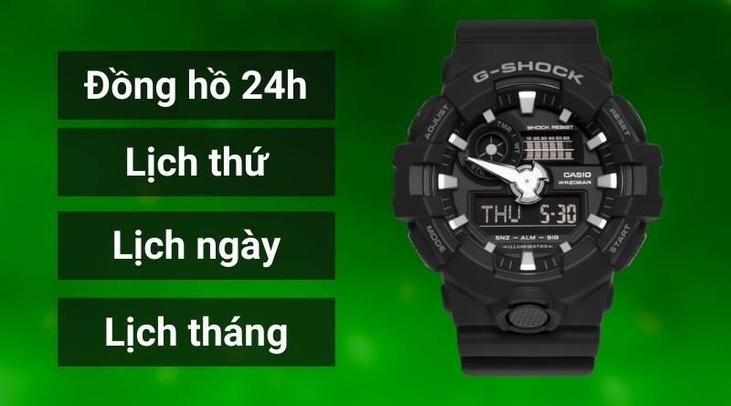 Các tính năng hiển thị lịch thứ, ngày, tháng và đồng hồ 24h trên đồng hồ nam G-SHOCK GA-700-1BDR