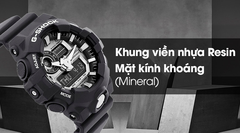 Đồng hồ G-Shock GA-710 với khung viền nhựa Resin và mặt kính khoáng bền bỉ