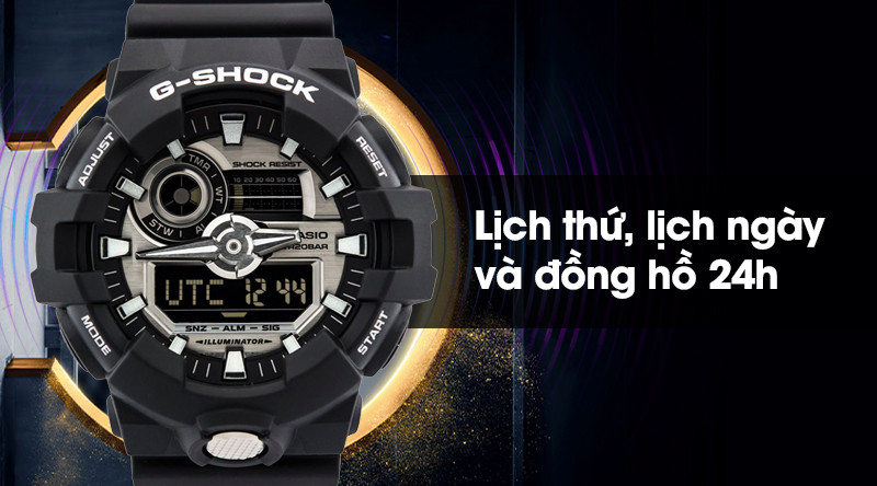 Đồng hồ G-Shock GA-710-1ADR hiển thị lịch thứ, ngày và đồng hồ 24h