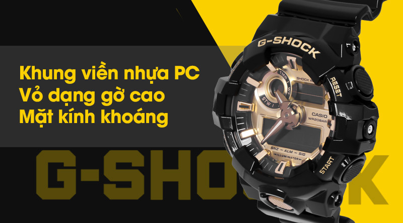 Mặt kính cứng cáp và khung viền bền bỉ của đồng hồ G-SHOCK GA-710GB-1ADR
