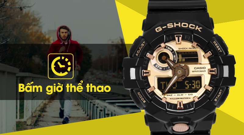 Chức năng bấm giờ thể thao chính xác trên đồng hồ G-SHOCK GA-710GB-1ADR