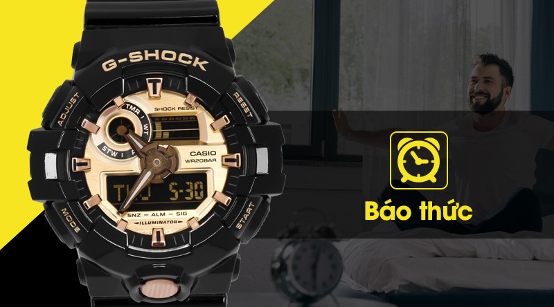Tính năng báo thức tiện ích với 5 mức cài đặt của đồng hồ G-SHOCK GA-710GB-1ADR