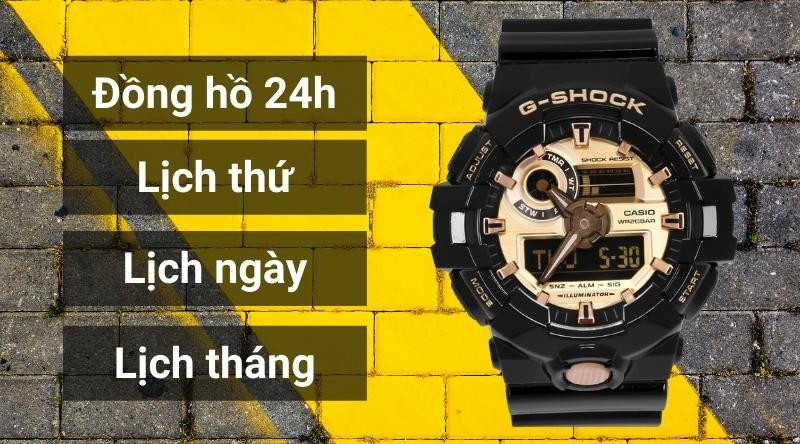 Màn hình hiển thị lịch thứ, ngày, tháng và đồng hồ 24h của đồng hồ G-SHOCK GA-710GB-1ADR