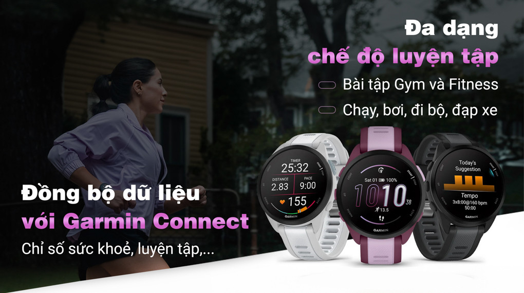 Garmin Forerunner 165 Music 43mm hiển thị dữ liệu quãng đường đi được, cho thấy chức năng đồng hồ thông minh trong việc theo dõi khoảng cách di chuyển.