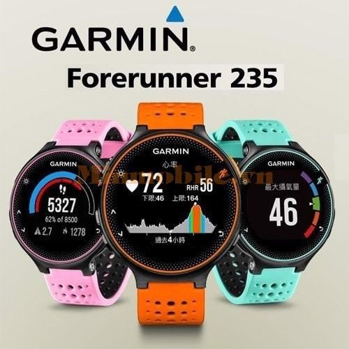 Đồng hồ Garmin Forerunner 235 trên cổ tay, minh họa cách quản lý tính năng đo nhịp tim để tiết kiệm pin