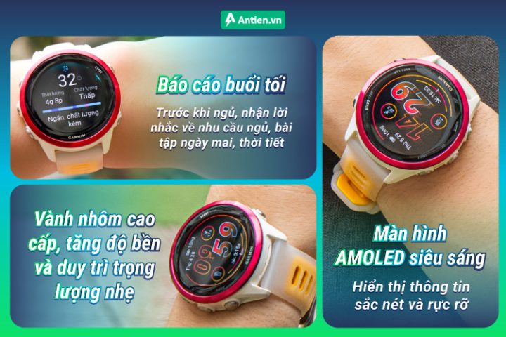 Đồng hồ thông minh Garmin Forerunner 570 42mm với thiết kế mỏng nhẹ, phù hợp cho cổ tay nhỏ, màn hình AMOLED siêu sáng giúp tối ưu trải nghiệm