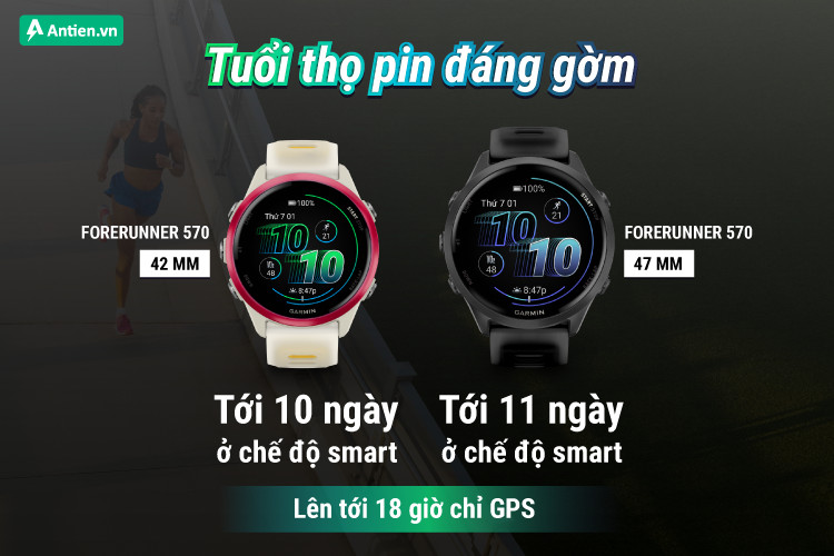 Đồng hồ thông minh Garmin Forerunner 570 42mm sở hữu tuổi thọ pin bền bỉ, cho bạn thỏa sức trải nghiệm lên tới 10 ngày ở chế độ smart, mang lại giá trị sử dụng liên tục