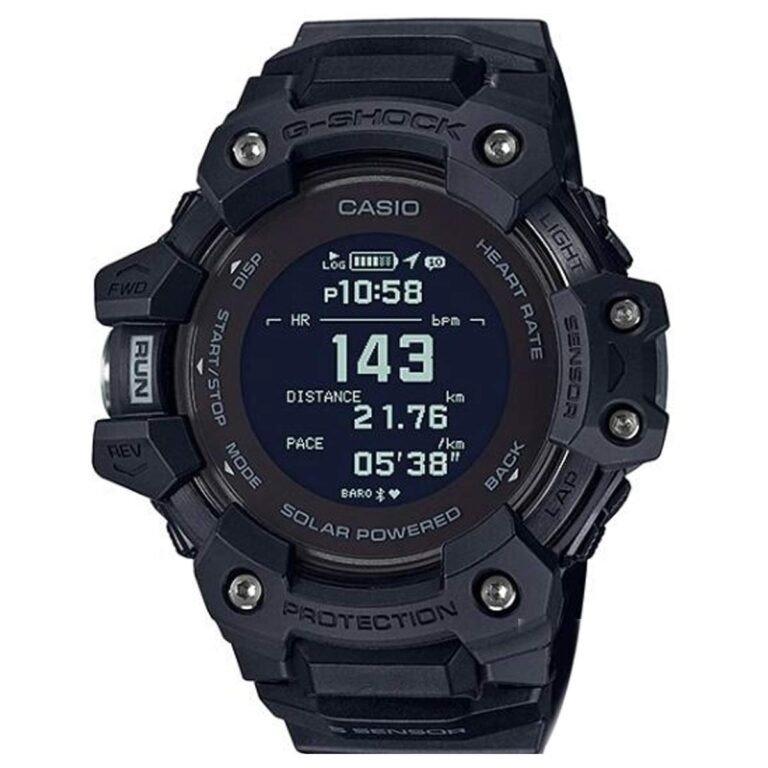 Góc nhìn Casio GBD-H1000-1DR 55mm, nổi bật với tính năng GPS và đo nhịp tim, thiết bị không thể thiếu cho runner