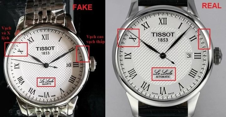 Đồng hồ Tissot fake loại 1 dòng Le Locle và bản chính hãng, phân biệt qua mặt số