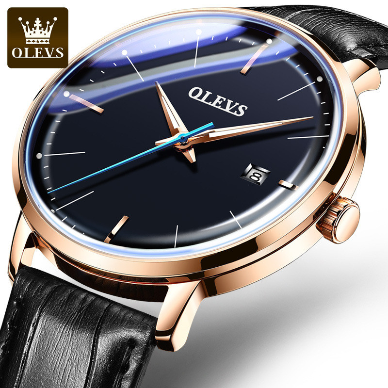 Đồng hồ Olevs OLE103 / A155.1-6609 với mặt số đen, dây da cùng thiết kế sang trọng