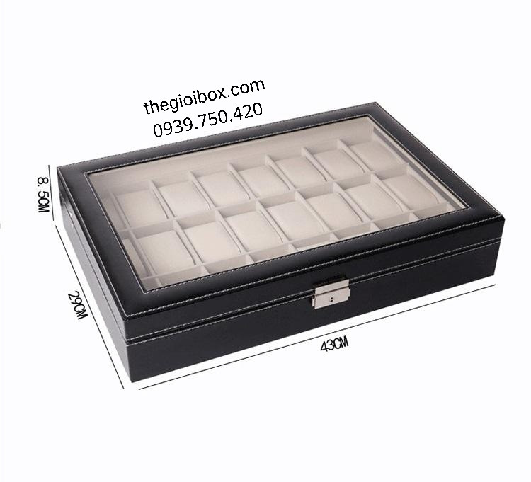 Hộp đựng đồng hồ 24 ngăn với mặt kính trong suốt và chi tiết khóa kim loại