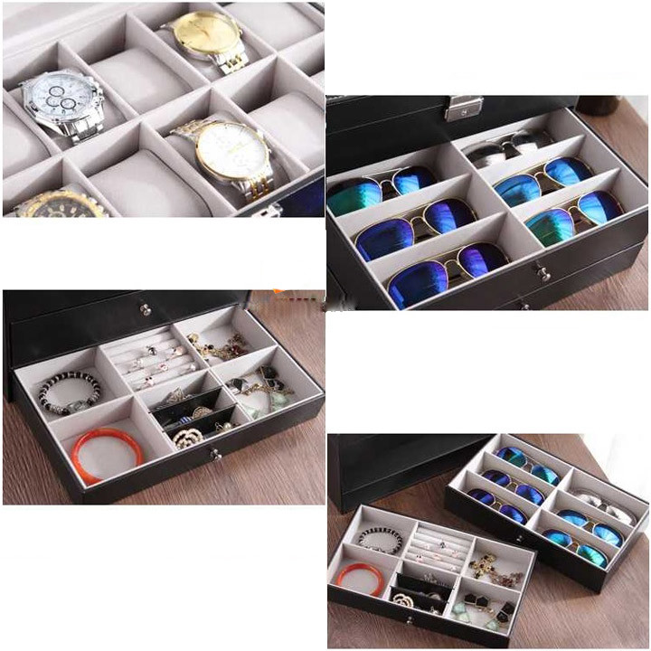 Hộp đựng trang sức đồng hồ bọc da cao cấp, chi tiết các ngăn kéo tiện dụng
