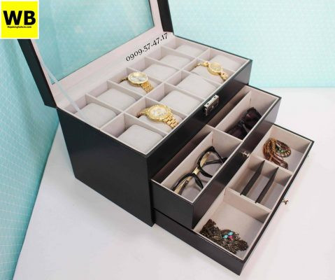 Hộp đựng trang sức đồng hồ và mắt kính 3 tầng khi mở ra, hiển thị các ngăn chứa phụ kiện