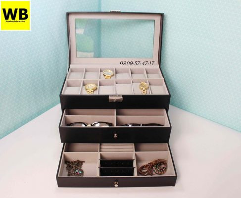 Hộp đựng trang sức đồng hồ 3 tầng đa năng, nhìn từ góc nghiêng, chứa đồng hồ và mắt kính