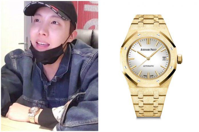 J-Hope đeo chiếc Audemars Piguet Royal Oak Self Winding vàng hồng trong buổi Vlive cá nhân, một phần bộ sưu tập đồng hồ của BTS