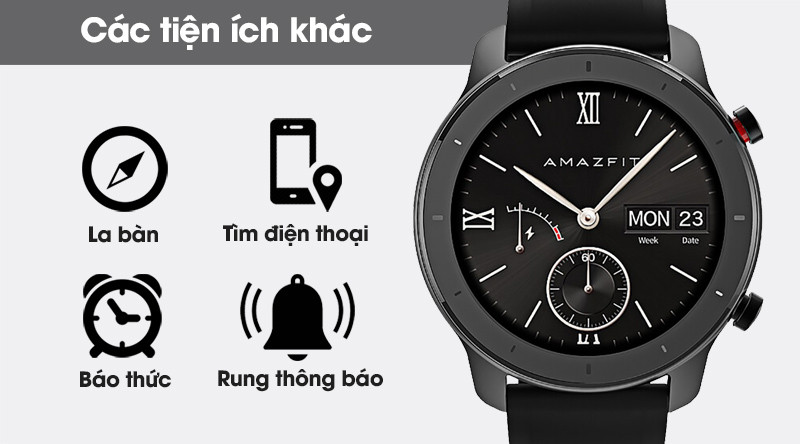 Đồng hồ thông minh Amazfit GTR 42mm với nhiều tính năng tiện ích mở rộng như la bàn và báo thức